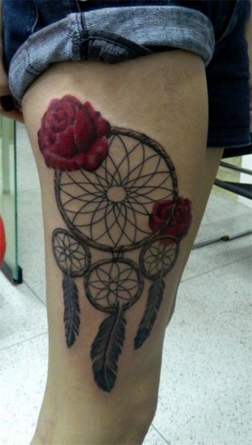 Red Flowers And Dreamcatcher Tattoo On Right Thigh